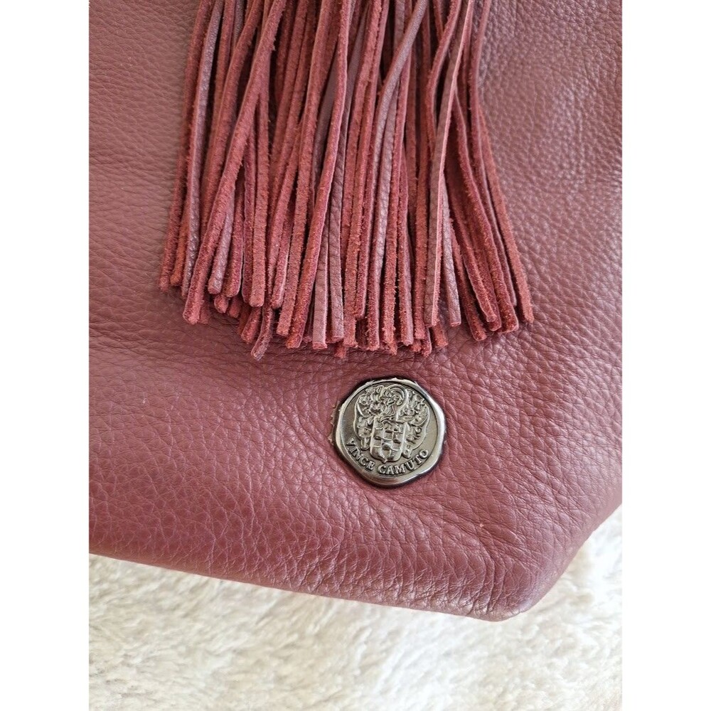 Vince Camuto Burgundy Leather Slouchy Fringe Tote Bag Shoulder Purse Western Zip - Picture 3 of 16